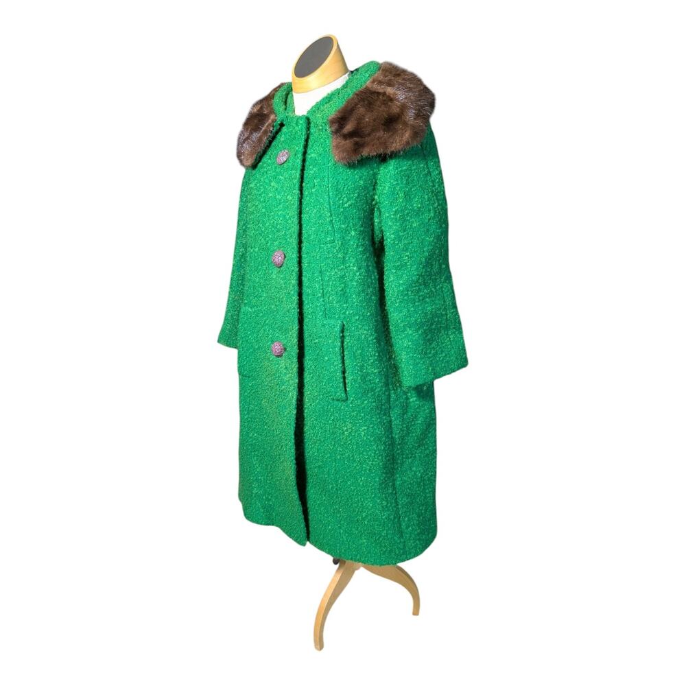 Vtg 1950s Kelly Green Boucle Wool Mink Fur Collar Button Up Swing Coat Sz M